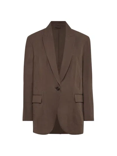 Brunello Cucinelli Single-breasted Woven Cotton Blazer In Chocolate