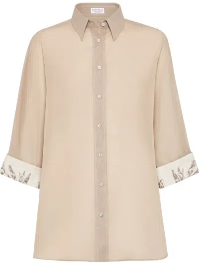 Brunello Cucinelli Women Cotton Organza Shirt With Glistening Flora Embroidery In Beige