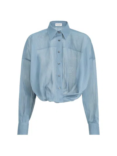 Brunello Cucinelli Women's Cotton Organza Shirt With Monili In Blue