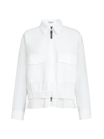Brunello Cucinelli Women's Cotton Outerwear Jacket With Shiny Zipper Pull In White