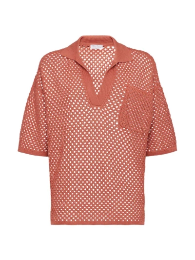 Brunello Cucinelli Women's Cotton Polo Style Net Sweater In Orange