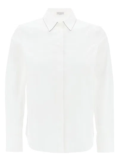 BRUNELLO CUCINELLI WOMEN'S COTTON POPLIN SHIRT W MONILI TRIM AT COLLAR