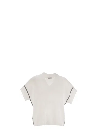 BRUNELLO CUCINELLI WOMEN'S COTTON RIB KNIT T-SHIRT WITH PRECIOUS TRIMS