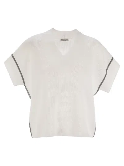 Brunello Cucinelli Women Cotton Rib Knit T-shirt With Precious Trims In White