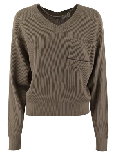 BRUNELLO CUCINELLI BRUNELLO CUCINELLI WOMEN COTTON RIB SWEATER WITH JEWEL