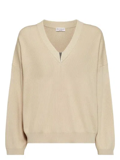 BRUNELLO CUCINELLI WOMEN'S COTTON RIB SWEATER WITH SHINY DETAIL