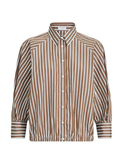 Brunello Cucinelli Striped Boxy Cotton-poplin Shirt In Brown