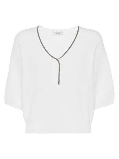 Brunello Cucinelli Women's Cotton Short Sleeve Sweater In White