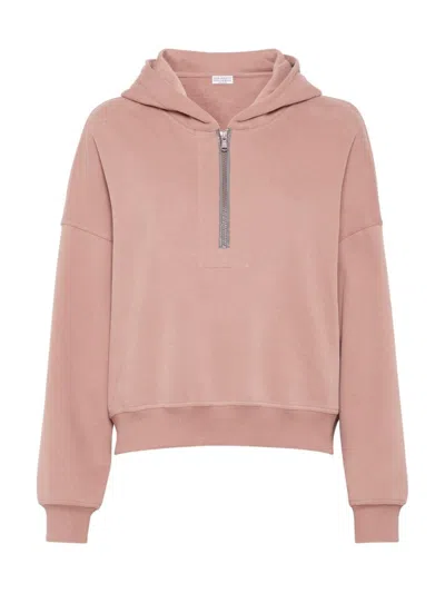 Brunello Cucinelli Women's Cotton Smooth French Terry Hooded Sweatshirt In Pink