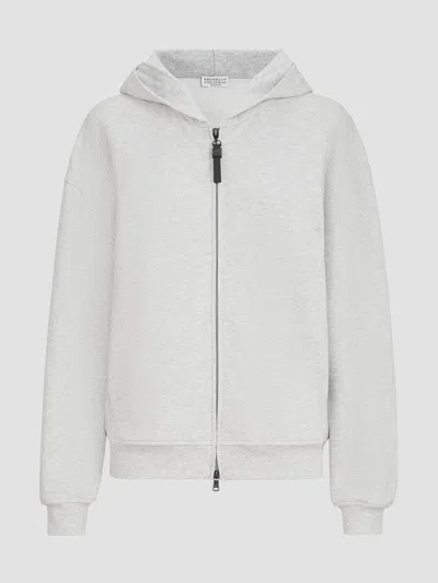Brunello Cucinelli Women's Cotton Smooth French Terry Sweatshirt With Shiny Zipper Pull In Silver