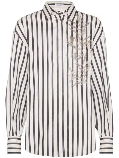 Brunello Cucinelli Women Cotton Striped Shirt With Glistening Flora Embroidery In Neutral