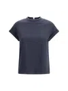 Brunello Cucinelli Women Blue Crewneck T-shirt With Monil Detail On The Collar And Rear Cut-out In C In Blue