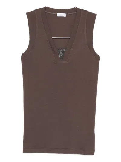 Brunello Cucinelli Stretch Cotton Jersey Tank Top With Precious Faux-layering Clothing In Brown