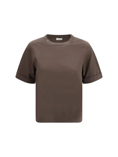 Brunello Cucinelli Women Cotton T-shirt With Jewel Embellishment In Brown