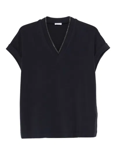 Brunello Cucinelli Women Cotton V-necked T-shirt In Black