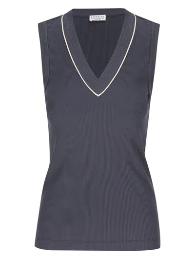 Brunello Cucinelli Women's Cotton V-necked Top In Cool Blue+lime