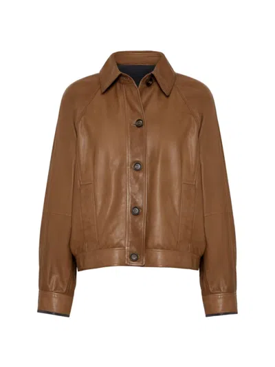 Brunello Cucinelli Leather Monili-detail Jacket In Brown