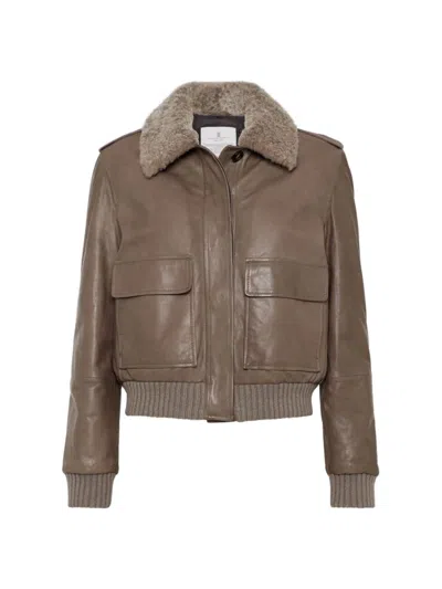 Brunello Cucinelli Fur Collar Leather Jacket In Brown
