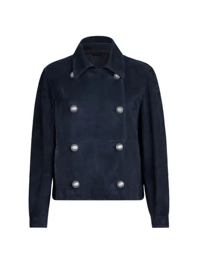 Brunello Cucinelli Women's Couture Suede Cropped Pea Coat With Monili In Blue