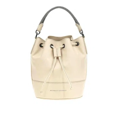 Brunello Cucinelli Women's Cream Leather Drawstring Bucket Bag In ["beige"]