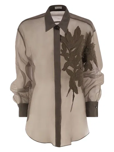 Brunello Cucinelli Women's Crispy Silk Shirt With Flora Appliquã©