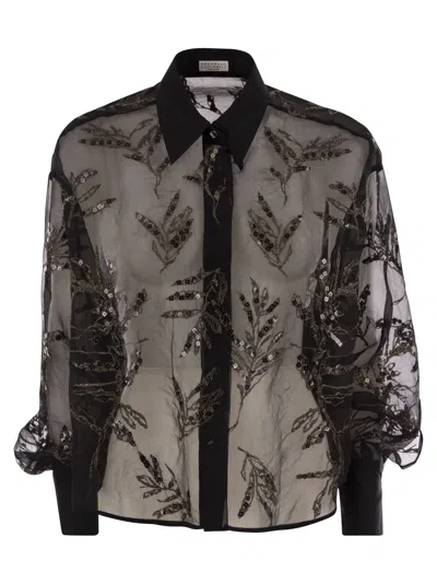 Brunello Cucinelli Women Crispy Silk Shirt With Glistening Flora Embroidery In Black