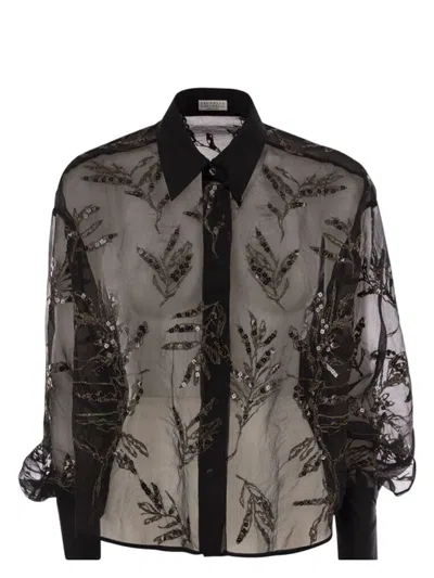 BRUNELLO CUCINELLI WOMEN'S CRISPY SILK SHIRT WITH GLISTENING FLORA EMBROIDERY