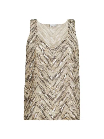Brunello Cucinelli Beige Dazzling Chevron Embroidery Top