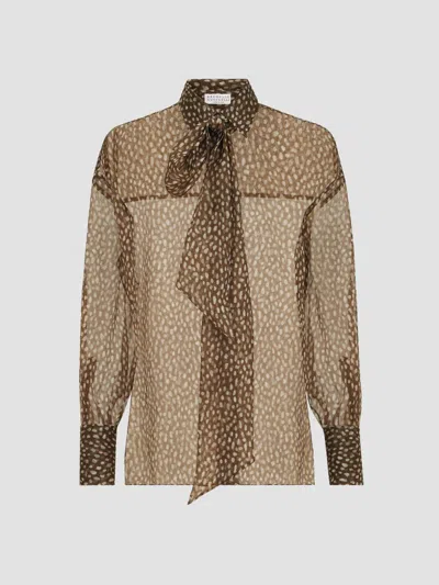 Brunello Cucinelli Dapple Silk Organza Shirt With Neck-tie In Multi