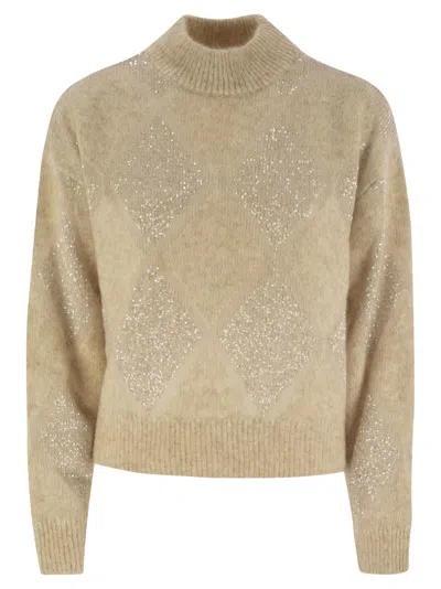 Brunello Cucinelli Women Dazzling Argyle Sweater In Wool And Mohair In Beige