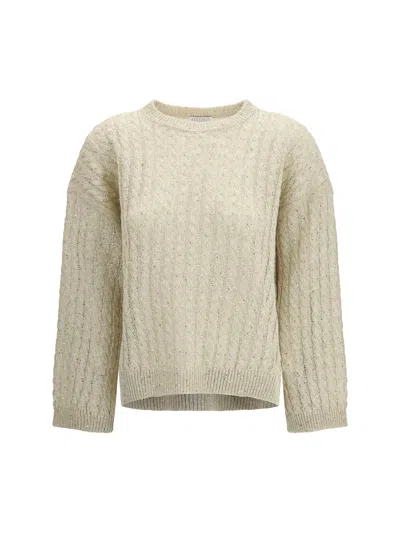 Brunello Cucinelli Women Dazzling Cable Linen Sweater With Openwork Ribbing In White
