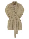 Brunello Cucinelli Dazzling Silk And Linen Perforated Rib Cardigan In Beige