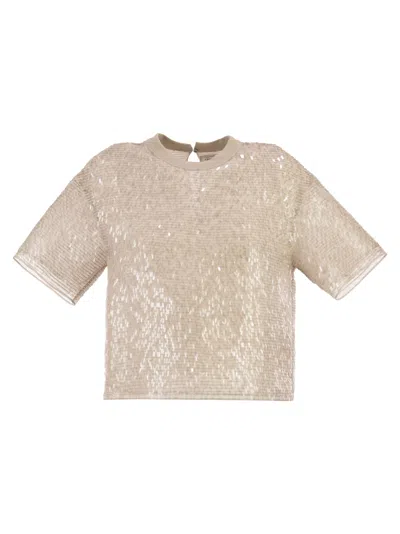 Brunello Cucinelli Women Dazzling Cascade Embroidery T-shirt In Crispy Silk In Neutral