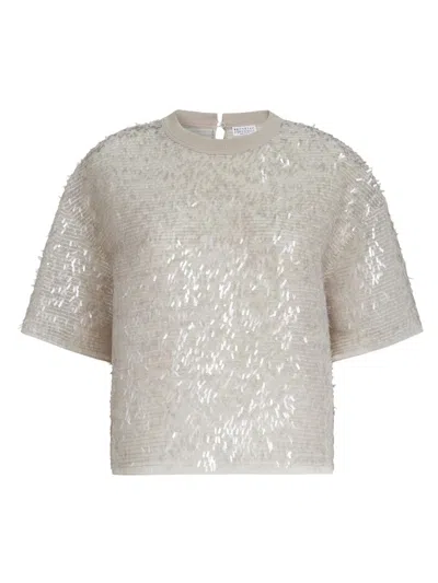 Brunello Cucinelli Women's Dazzling Cascade Embroidery T-shirt In Crispy Silk In Neutral