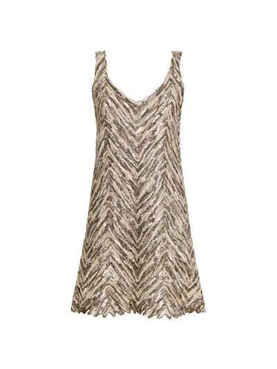 Brunello Cucinelli Women's Dazzling Chevron Embroidery Mini Dress In Paper Yarn, Linen And Silk In Brown