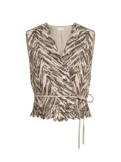 Brunello Cucinelli Brown Dazzling Chevron Embroidery Vest In Multi