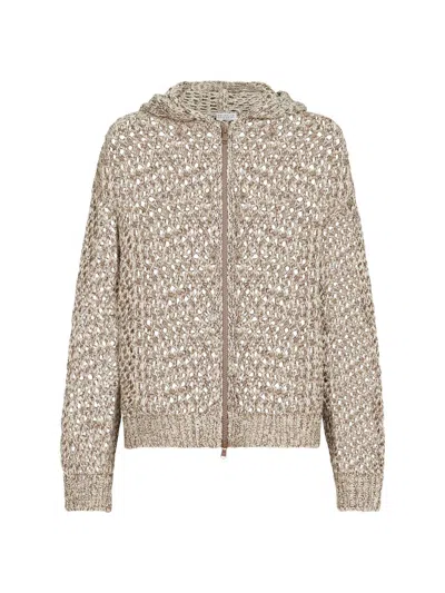 Brunello Cucinelli Dazzling Chiné Net Hooded Cardigan In Silk And Linen With Zipper In Neutral