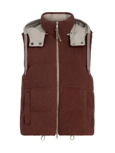 Brunello Cucinelli Women's Dazzling Cotton English Rib Knit Down Vest In Burgundy