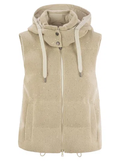 Brunello Cucinelli Women Dazzling Cotton Knit Sleeveless Down Jacket In Beige