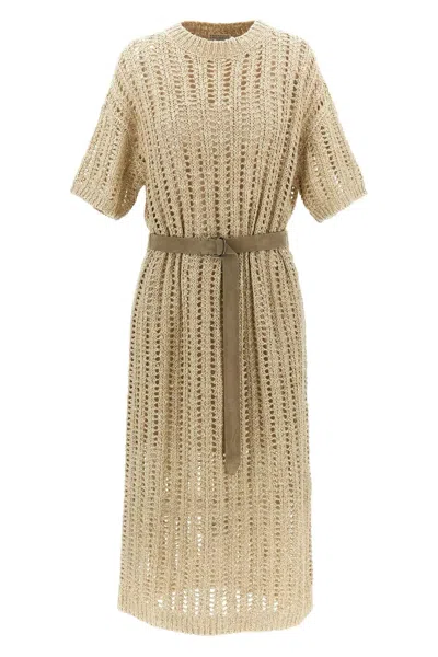 Brunello Cucinelli Waist Belt Crew Neck Knit Dress In Beige