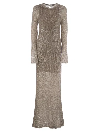 Brunello Cucinelli Women Dazzling Net Embroidery Knit Dress In Linen And Silk