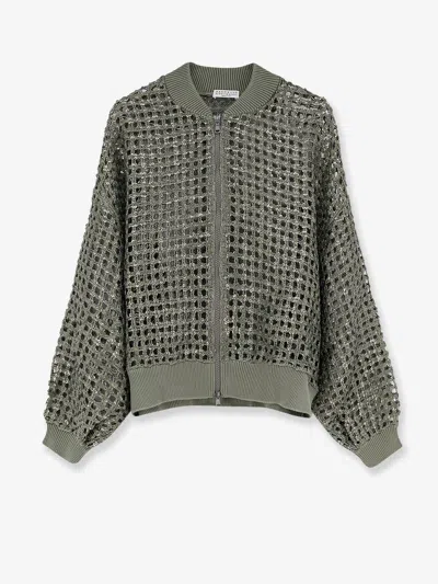 Brunello Cucinelli Women Dazzling Net Embroidery Silk And Linen Cardigan In Green