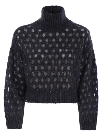 Brunello Cucinelli Women Dazzling Net Turtleneck Sweater Made Of Mohair And Wool Wispy In Black