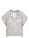 Brunello Cucinelli Dazzling Ribbed Net Knitted T-shirt In Linen In Beige