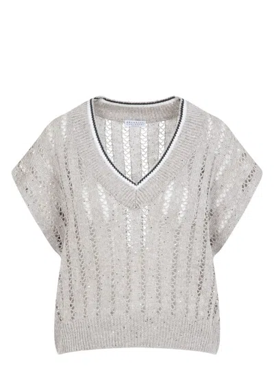 BRUNELLO CUCINELLI WOMEN'S DAZZLING RIBBED NET KNITTED T-SHIRT