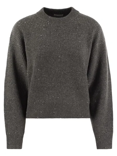 Brunello Cucinelli Dazzling Ribbed Sweater In Cashmere And Wool In Grey