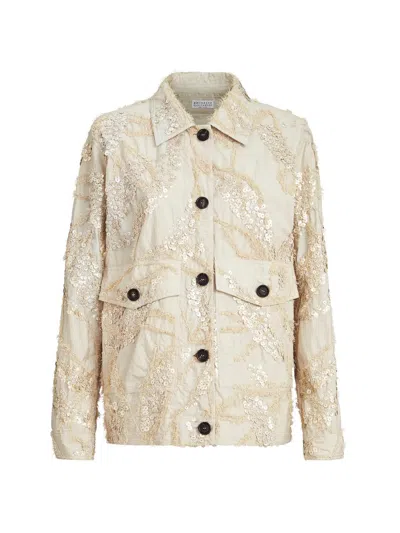 Brunello Cucinelli Beige Jacket With Classic Collar And Two Front Flap Pockets In Cotton Blend Woman In Neutral