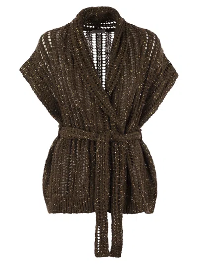 BRUNELLO CUCINELLI BRUNELLO CUCINELLI WOMEN DAZZLING SILK AND LINEN PERFORATED RIB CARDIGAN