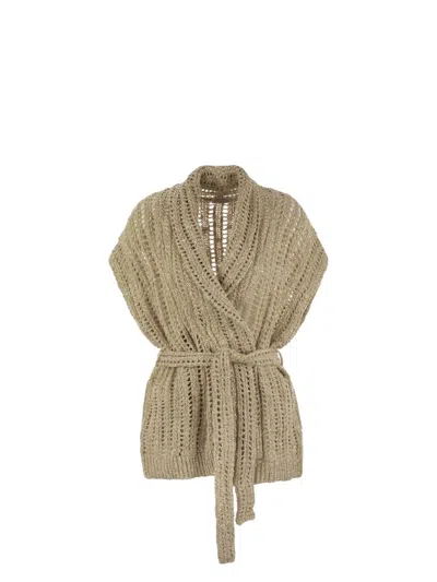 BRUNELLO CUCINELLI WOMEN'S DAZZLING SILK AND LINEN PERFORATED RIB CARDIGAN