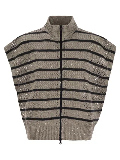 Brunello Cucinelli Striped Zipped Knitted Cardigan In Light Grey